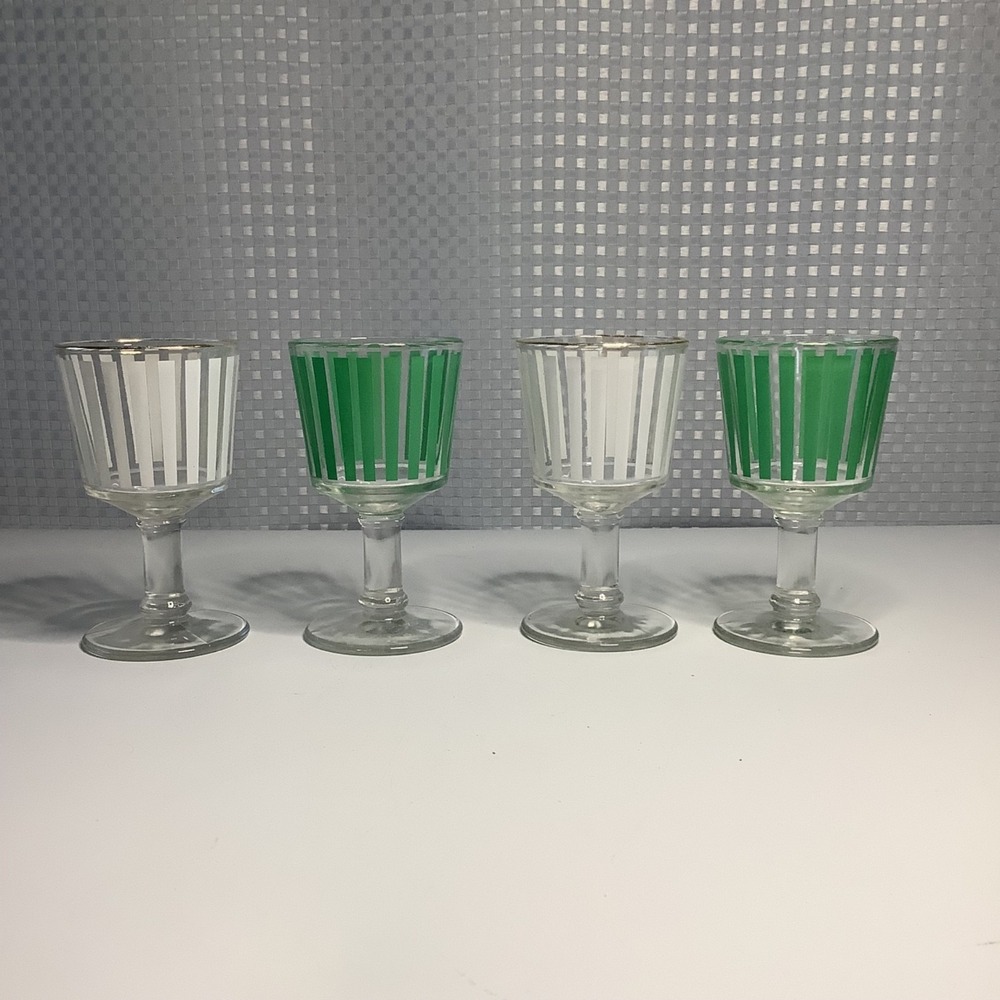 Carousel MCM Green & White Striped Short Goblet Glasses VTG Set of 4